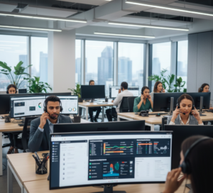 Sales rep using outbound cold calling software